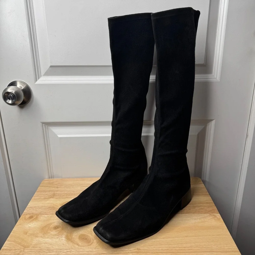 Stuart Weitzman Boots Black Suede Over the Knee Size 9 Wide - FLAW